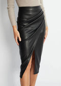 Draped Faux Leather Midi Skirt with Slit - Women's Elegant Pencil Skirt - Available in Black, Beige, Brown