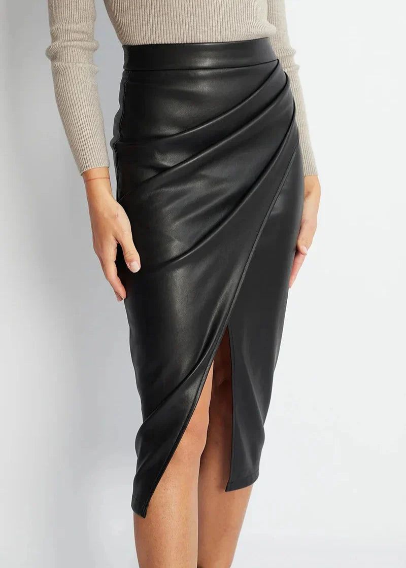 Draped Faux Leather Midi Skirt with Slit - Women's Elegant Pencil Skirt - Available in Black, Beige, Brown