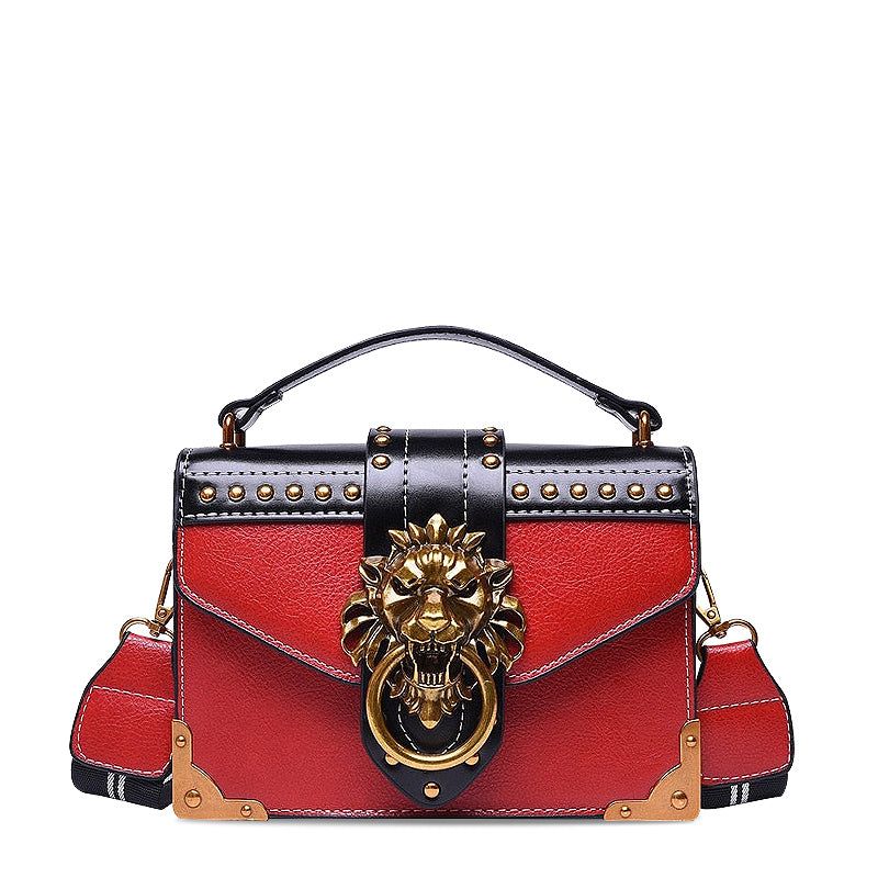 Lion Emblem Flap Satchel Bag - Shoulder Handbag, Faux Leather, Black/Red/Pink