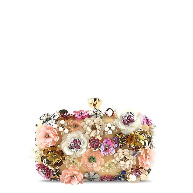 Floral Beaded Clutch Evening Bag - Women's Formal Party Handbag with Chain Strap - Beige