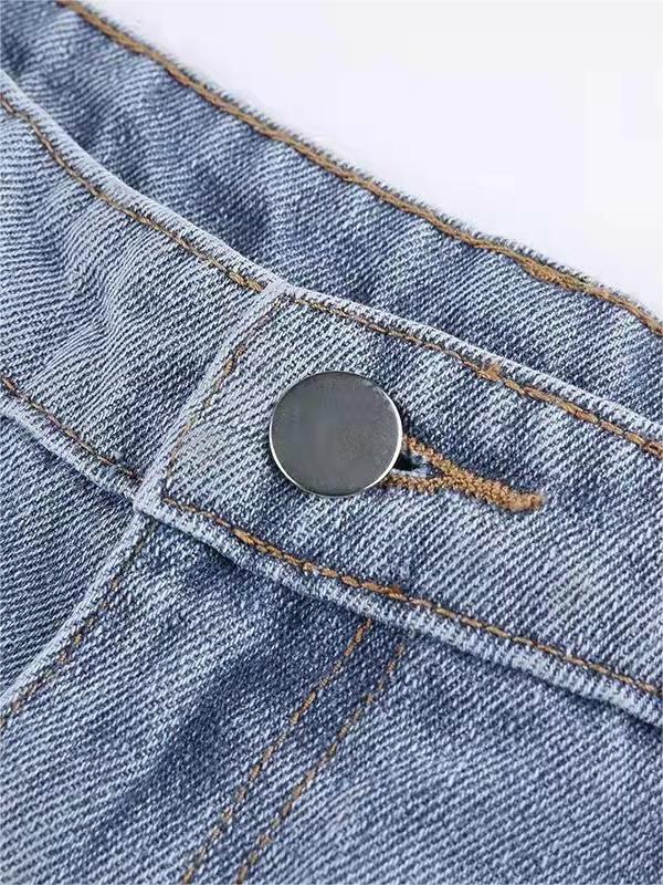 Women's Star Patch Flare Jeans - Light Blue Denim, High Waist, Red Star Detail