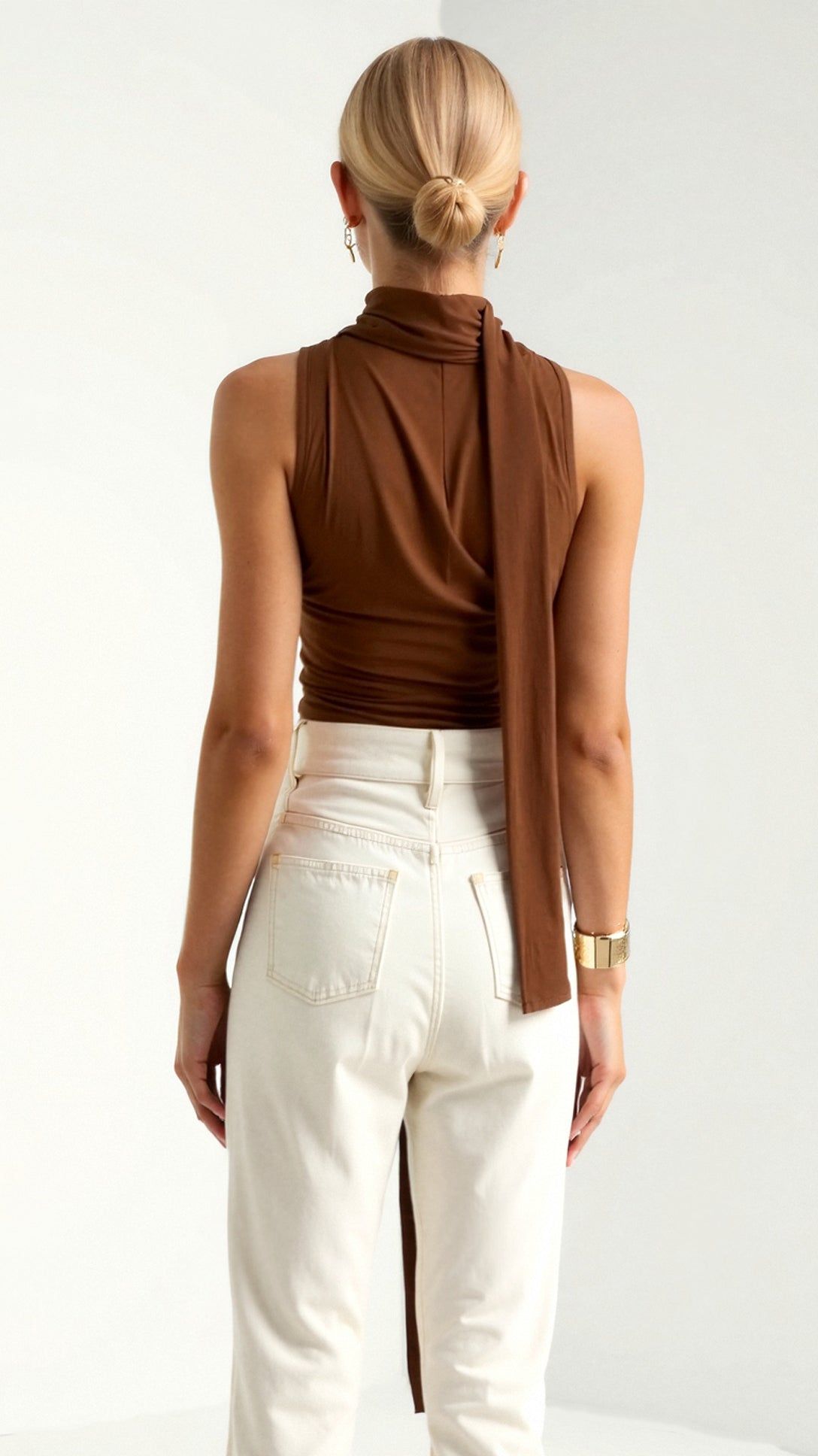 Scarf Tie Tank Top Sleeveless Cowl Neck Brown Top - Women's Casual Fashion