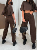 Brown Crop Top and Wide Leg Jeans Set - Women's Casual Outfit