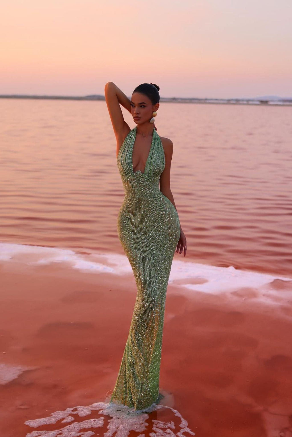 Sequin Halter Maxi Dress - Evening Gown - Green Formal Dress