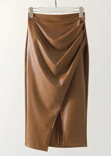 Draped Faux Leather Midi Skirt with Slit - Women's Elegant Pencil Skirt - Available in Black, Beige, Brown