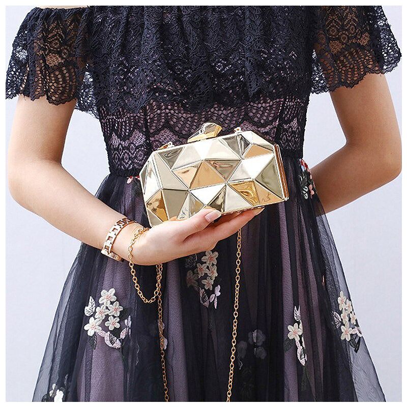 Geometric Clutch Evening Bag, Gold/Silver, Chain Strap, Party Wedding Prom, Box Clutch