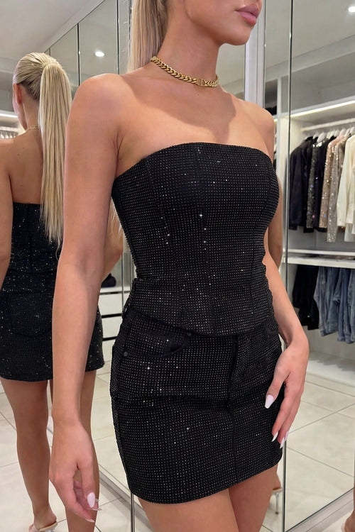 Black Sparkle Mini Skirt and Strapless Top Set Rhinestone Embellished Party Outfit