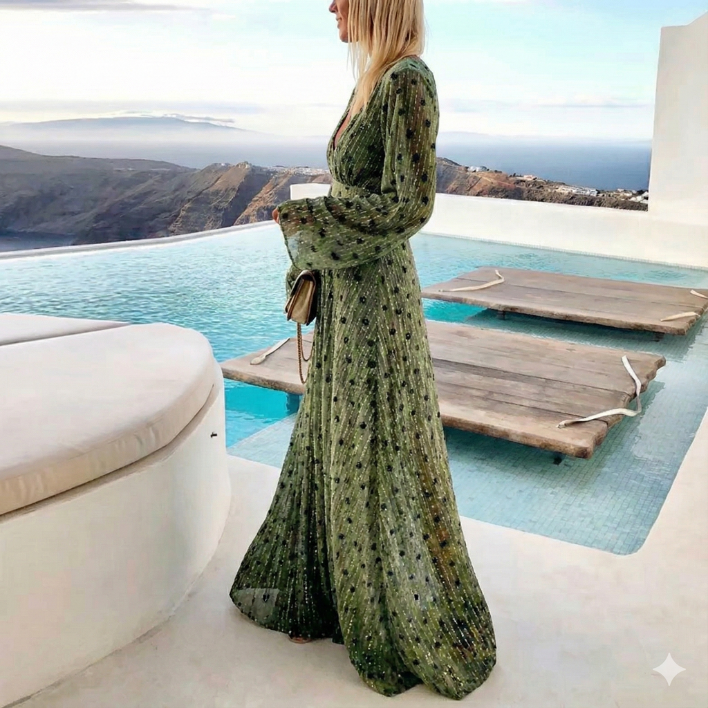 Bohemian Maxi Dress - Green V-Neck Long Sleeve Evening Gown