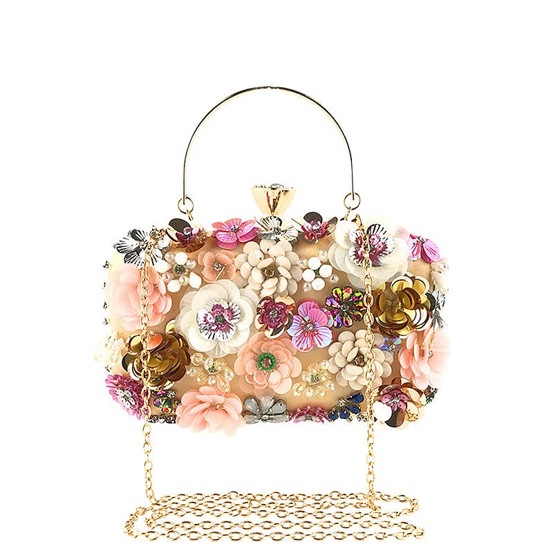 Floral Beaded Clutch Evening Bag - Women's Formal Party Handbag with Chain Strap - Beige