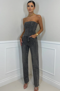 Denim Corset & Pants Set Rhinestone Embellished Gray Women's Fashion