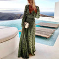 Bohemian Maxi Dress - Green V-Neck Long Sleeve Evening Gown