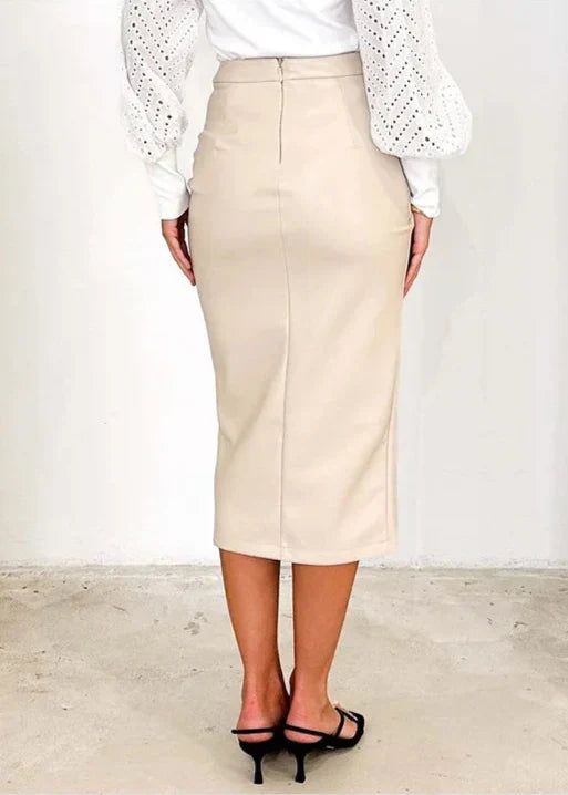 Draped Faux Leather Midi Skirt with Slit - Women's Elegant Pencil Skirt - Available in Black, Beige, Brown