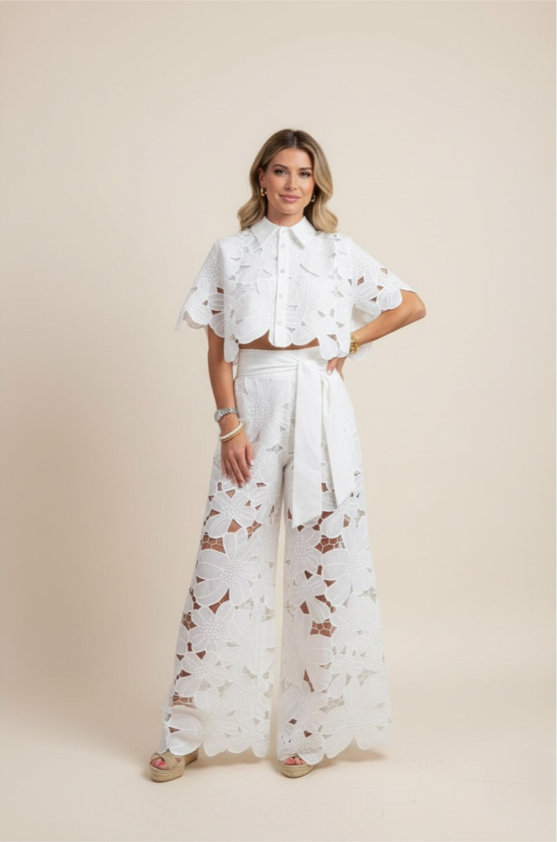 Floral Lace Two-Piece Set: Cropped Shirt & Wide Leg Pants - Women's Matching Outfit