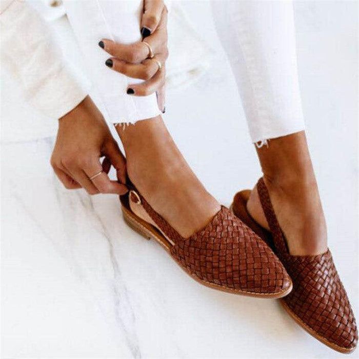Woven Slingback Flats Women's Shoes - Casual Summer Sandals, Leather, Brown/Blue/Tan