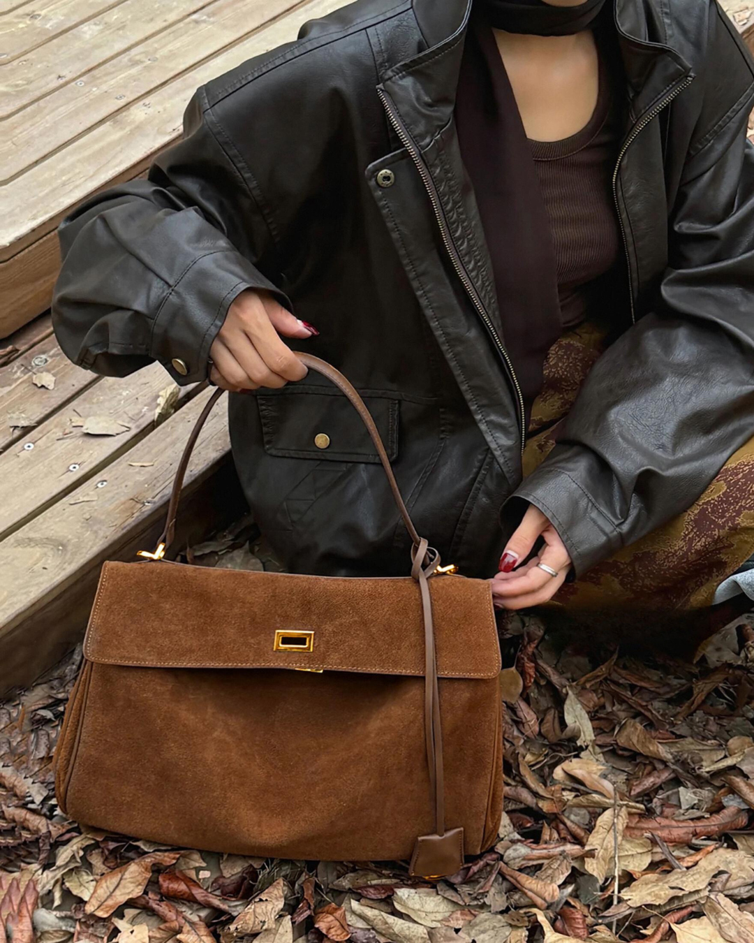 Suede Leather Top Handle Bag for Women - Stylish Shoulder Bag - Brown