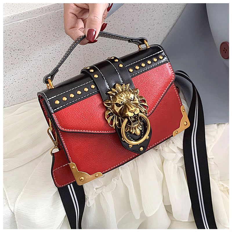 Lion Emblem Flap Satchel Bag - Shoulder Handbag, Faux Leather, Black/Red/Pink