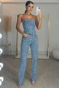 Denim Corset Top and Jeans Set Sparkling Rhinestones Blue Denim