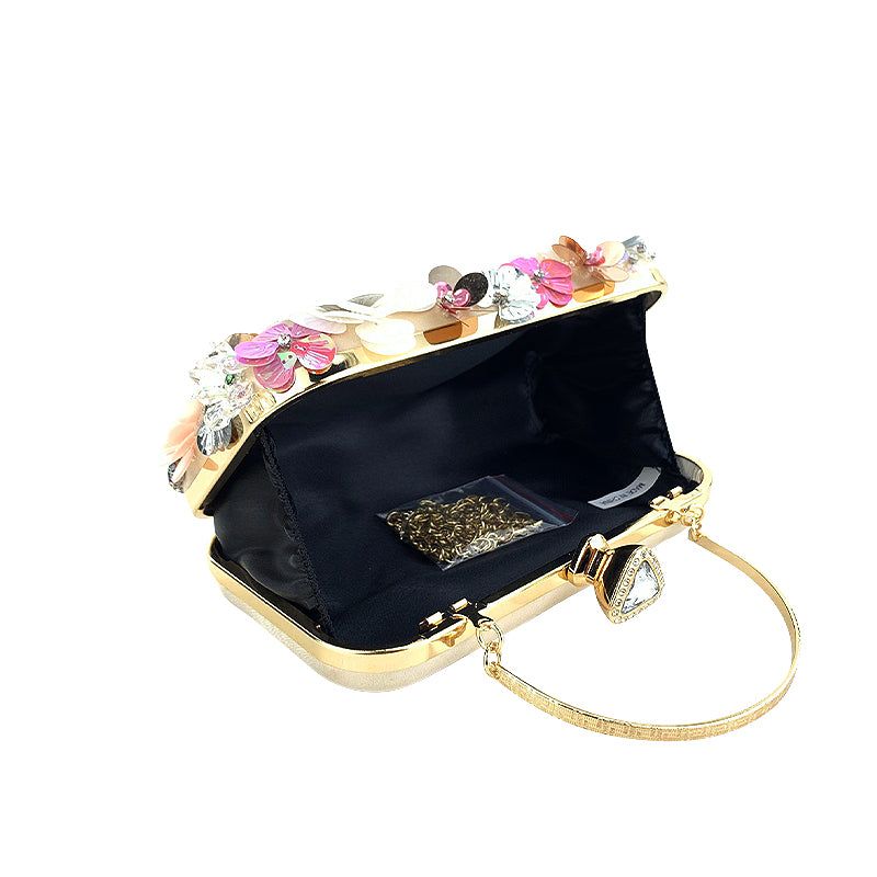 Floral Beaded Clutch Evening Bag - Women's Formal Party Handbag with Chain Strap - Beige
