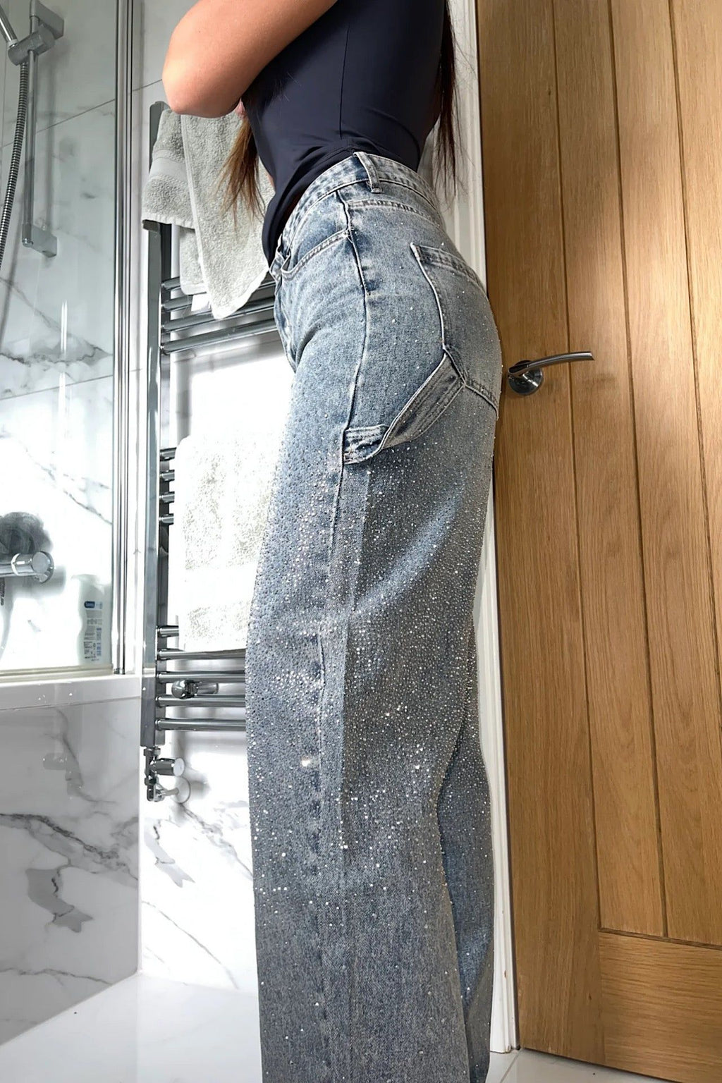 Wide Leg Rhinestone Jeans - Women's High Waist Denim Pants - Light Wash