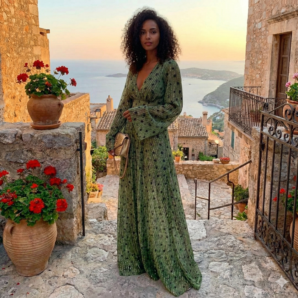 Bohemian Maxi Dress - Green V-Neck Long Sleeve Evening Gown