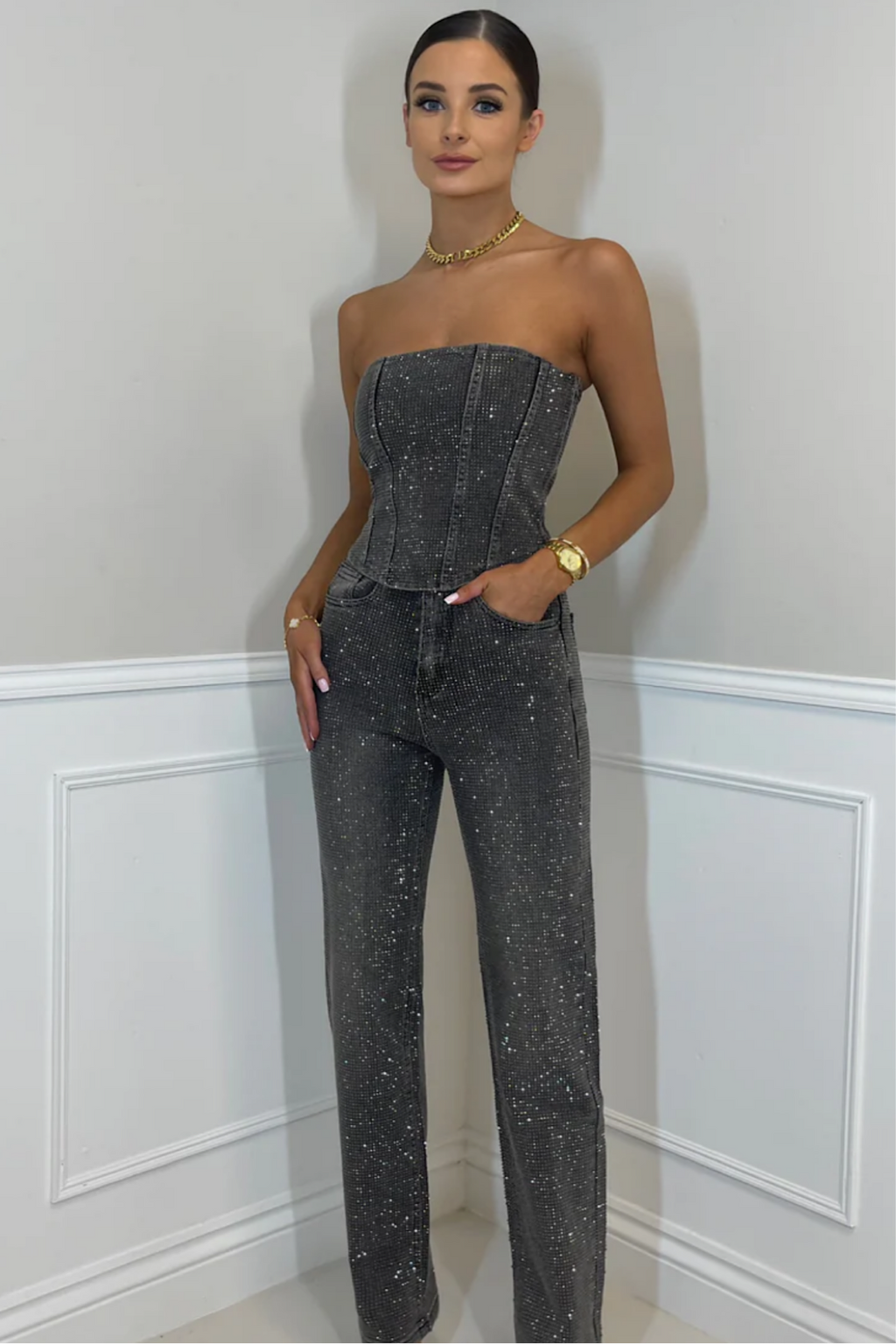 Denim Corset & Pants Set Rhinestone Embellished Gray Women's Fashion