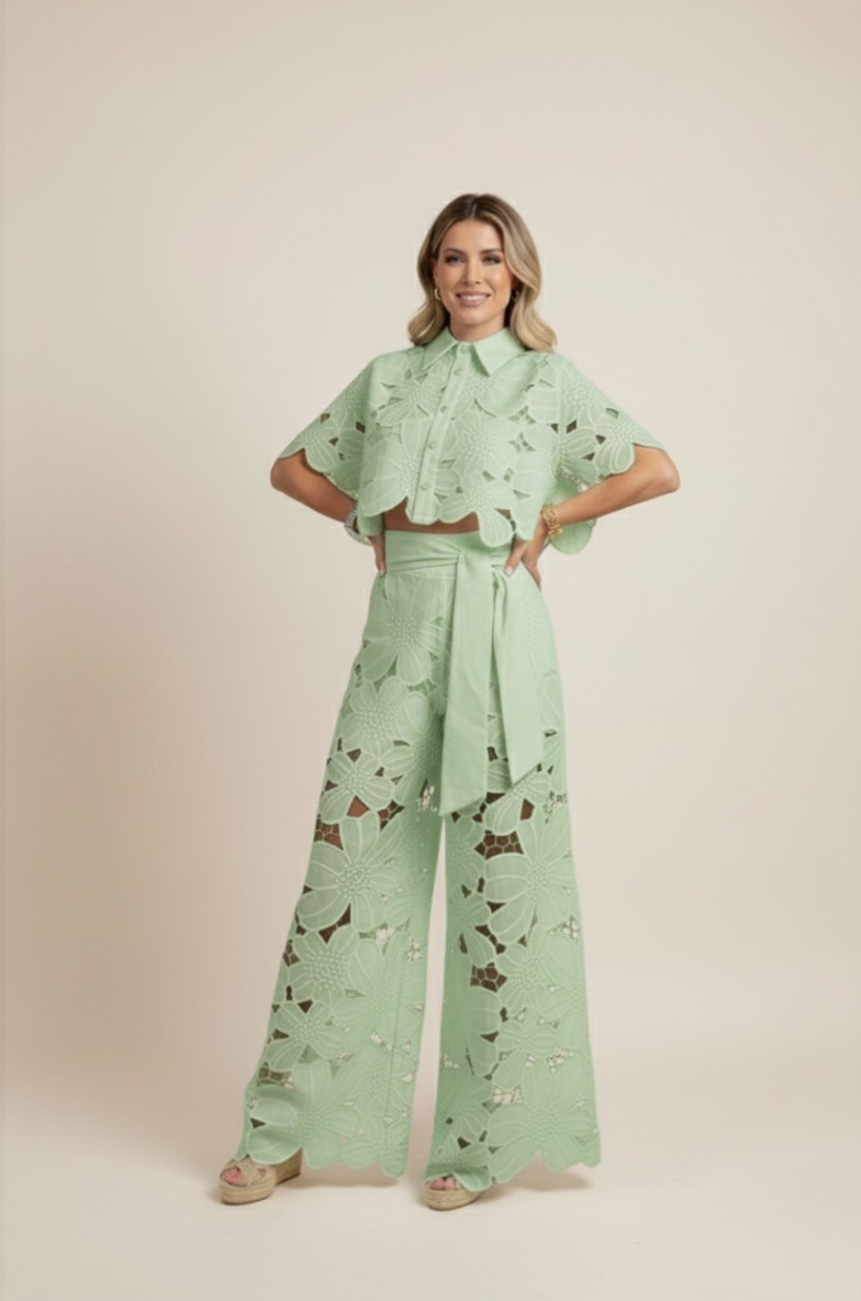 Floral Lace Two-Piece Set: Cropped Shirt & Wide Leg Pants - Women's Matching Outfit