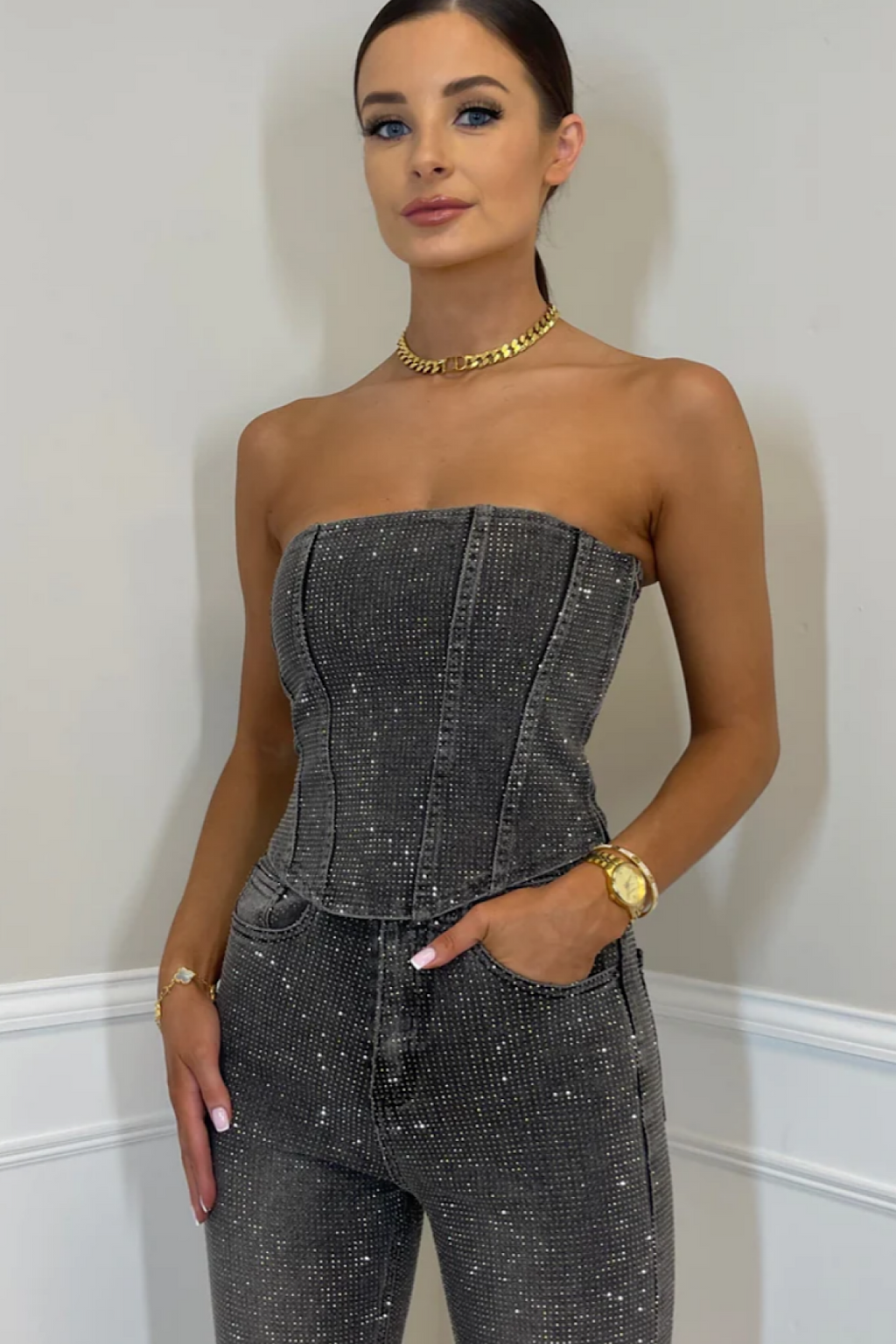 Denim Corset & Pants Set Rhinestone Embellished Gray Women's Fashion