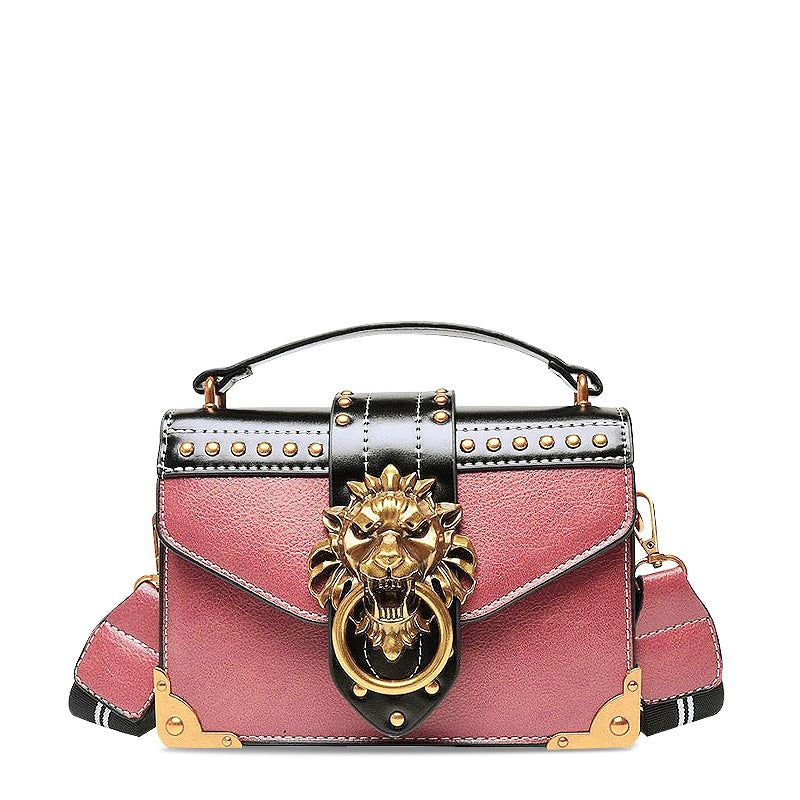 Lion Emblem Flap Satchel Bag - Shoulder Handbag, Faux Leather, Black/Red/Pink
