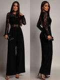 Black Lace Jumpsuit Long Sleeve Open Back Wide Leg Elegant Women's Jumpsuit