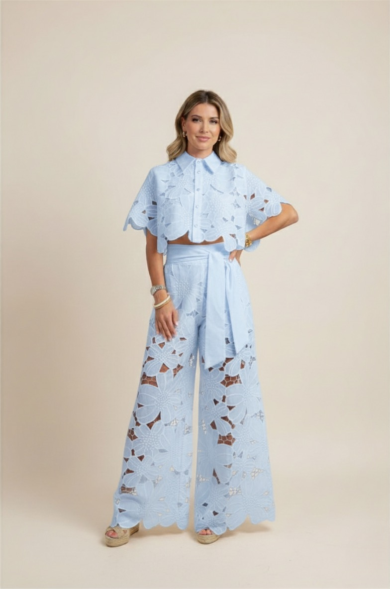 Floral Lace Two-Piece Set: Cropped Shirt & Wide Leg Pants - Women's Matching Outfit