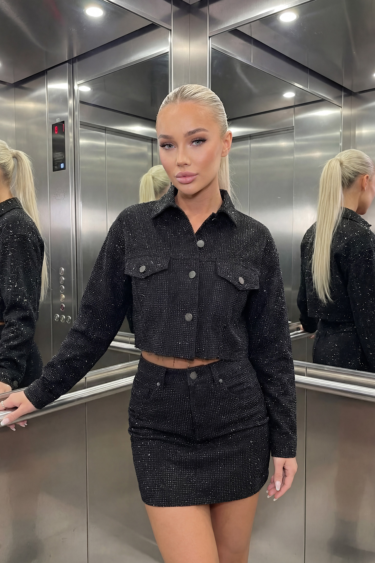 Black Sparkle Mini Skirt and Strapless Top Set Rhinestone Embellished Party Outfit