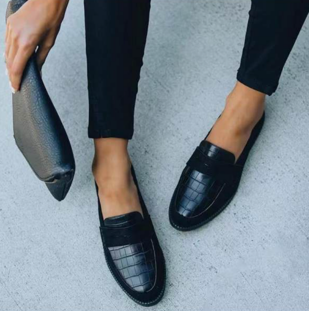 Women's Black Leather Loafers - Croc Pattern, Comfortable Fit