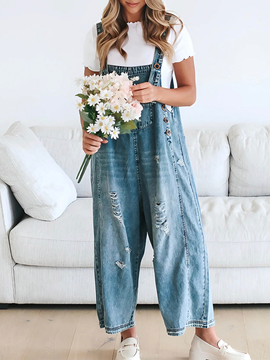Daisy Women's Denim Overalls | Distressed Wide Leg, Adjustable Fit