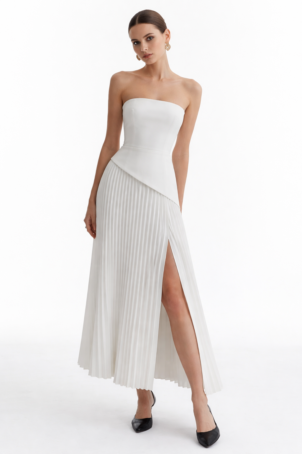 Jesolice Elegance Cascade Strapless Pleated Midi Dress