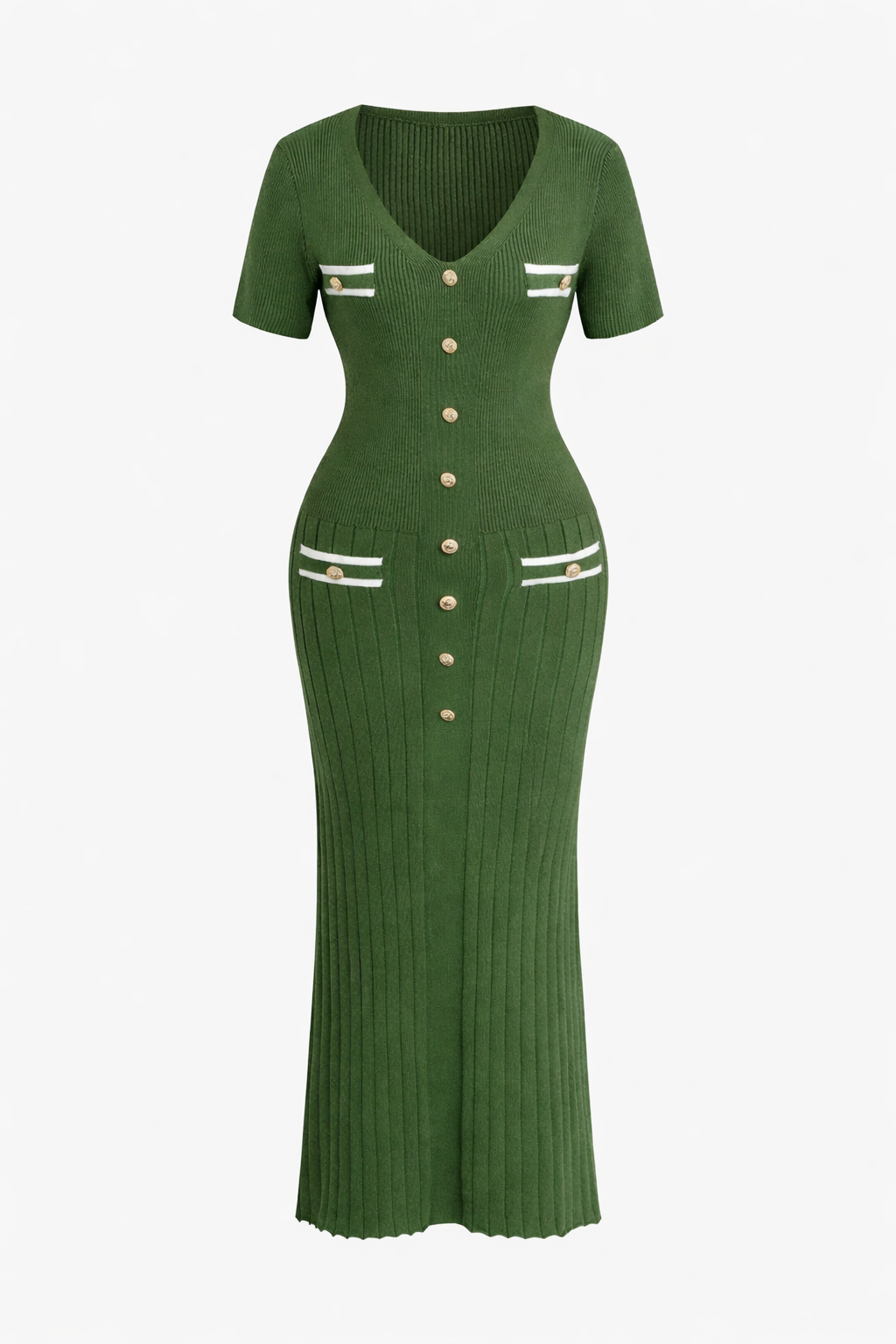 Jesolice Olive Ribbed Knit Button-Front Midi Dress
