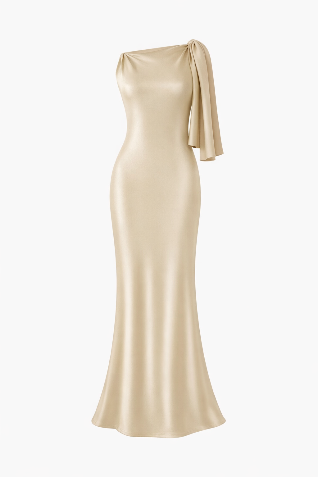 Jesolice Champagne One-Shoulder Satin Sash Maxi Dress