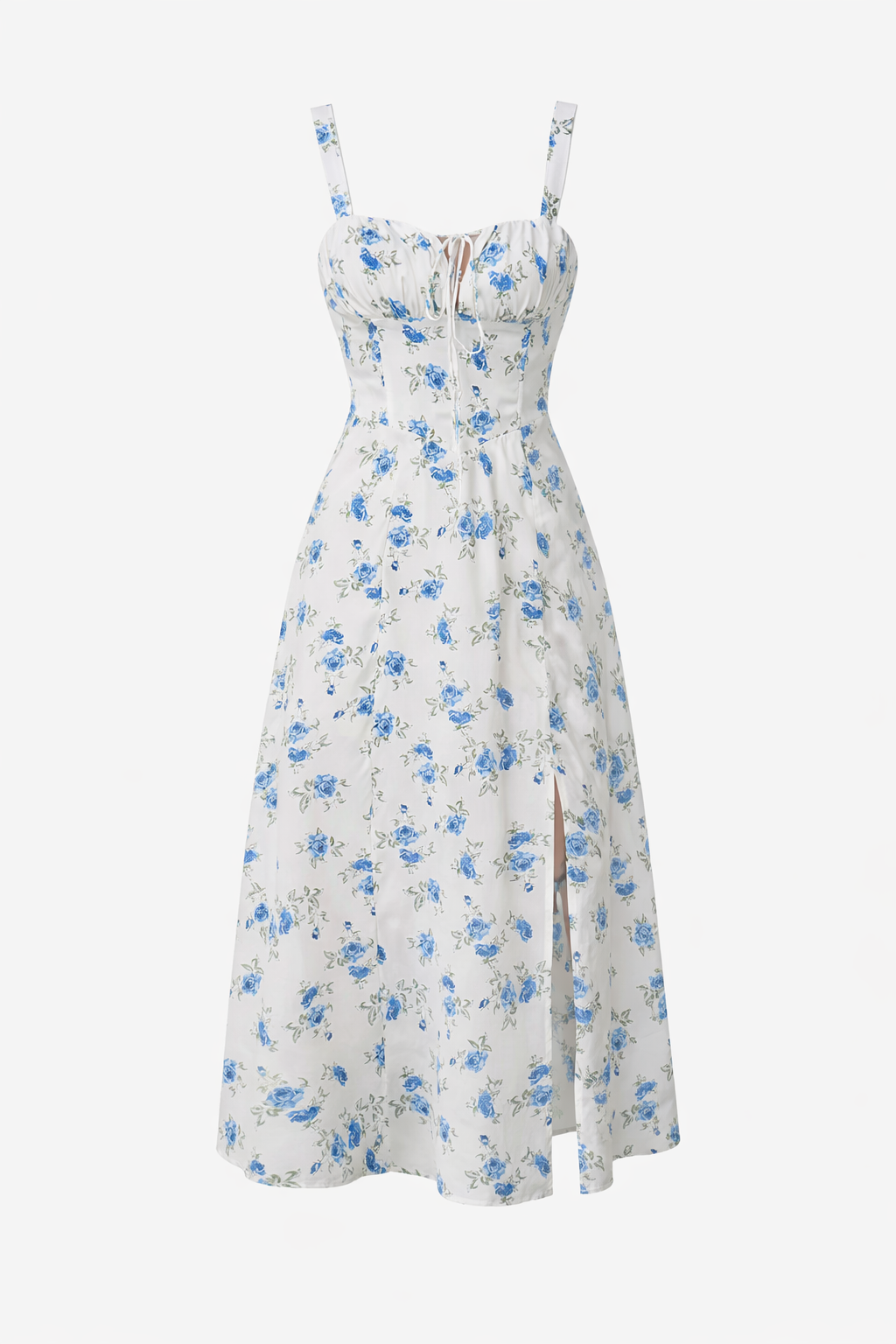 Ruched Bust Blue Floral Lace-Up Back Cami Midi Dress