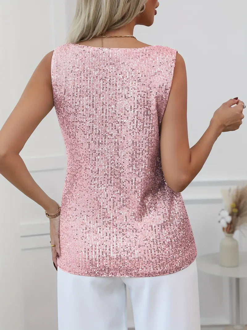 Elegant Sequin Sleeveless V-Neck Top for Women - Gold, Silver, Pink, Black