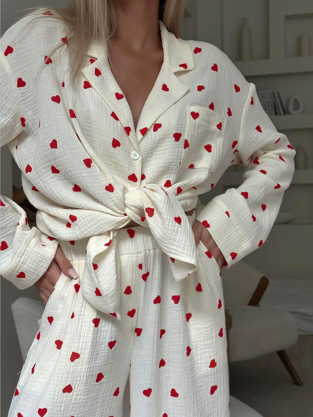 Cozy Heart Print Pajama Set - Women's Loungewear, Cotton, White with Red Hearts