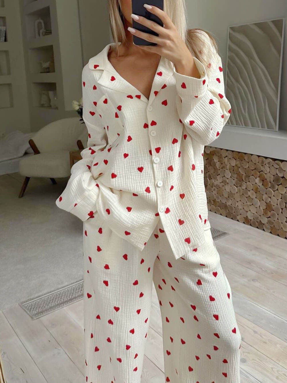 Cozy Heart Print Pajama Set - Women's Loungewear, Cotton, White with Red Hearts