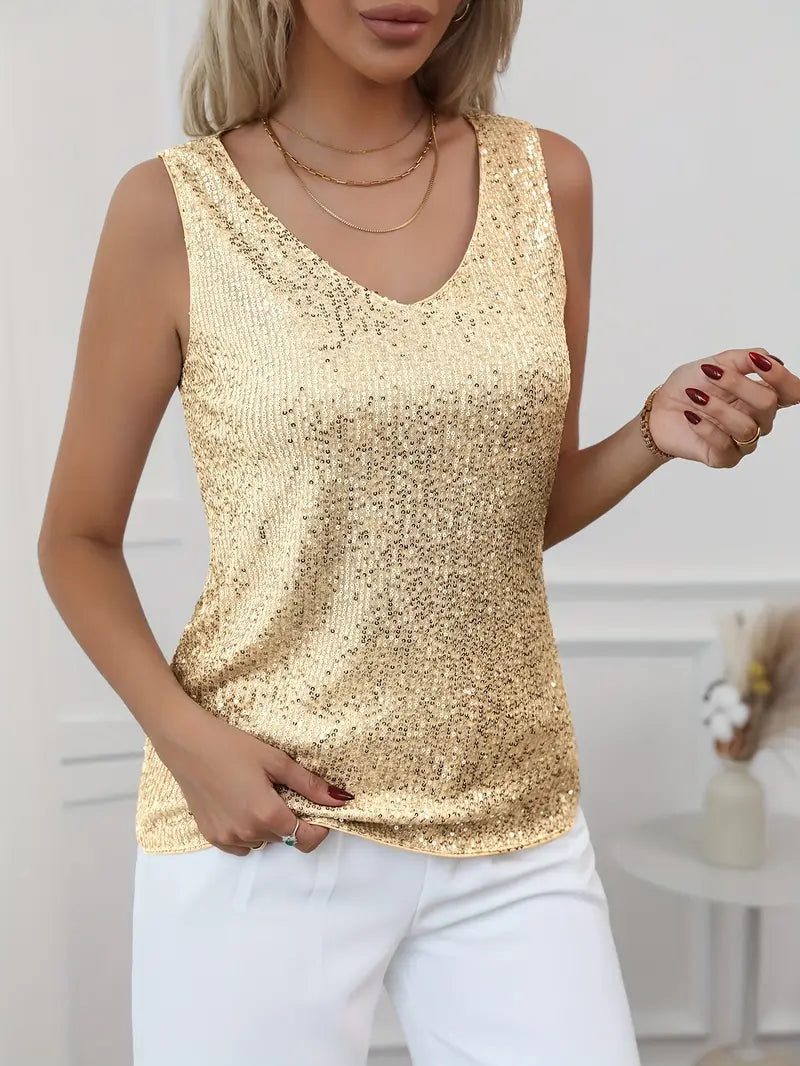 Elegant Sequin Sleeveless V-Neck Top for Women - Gold, Silver, Pink, Black