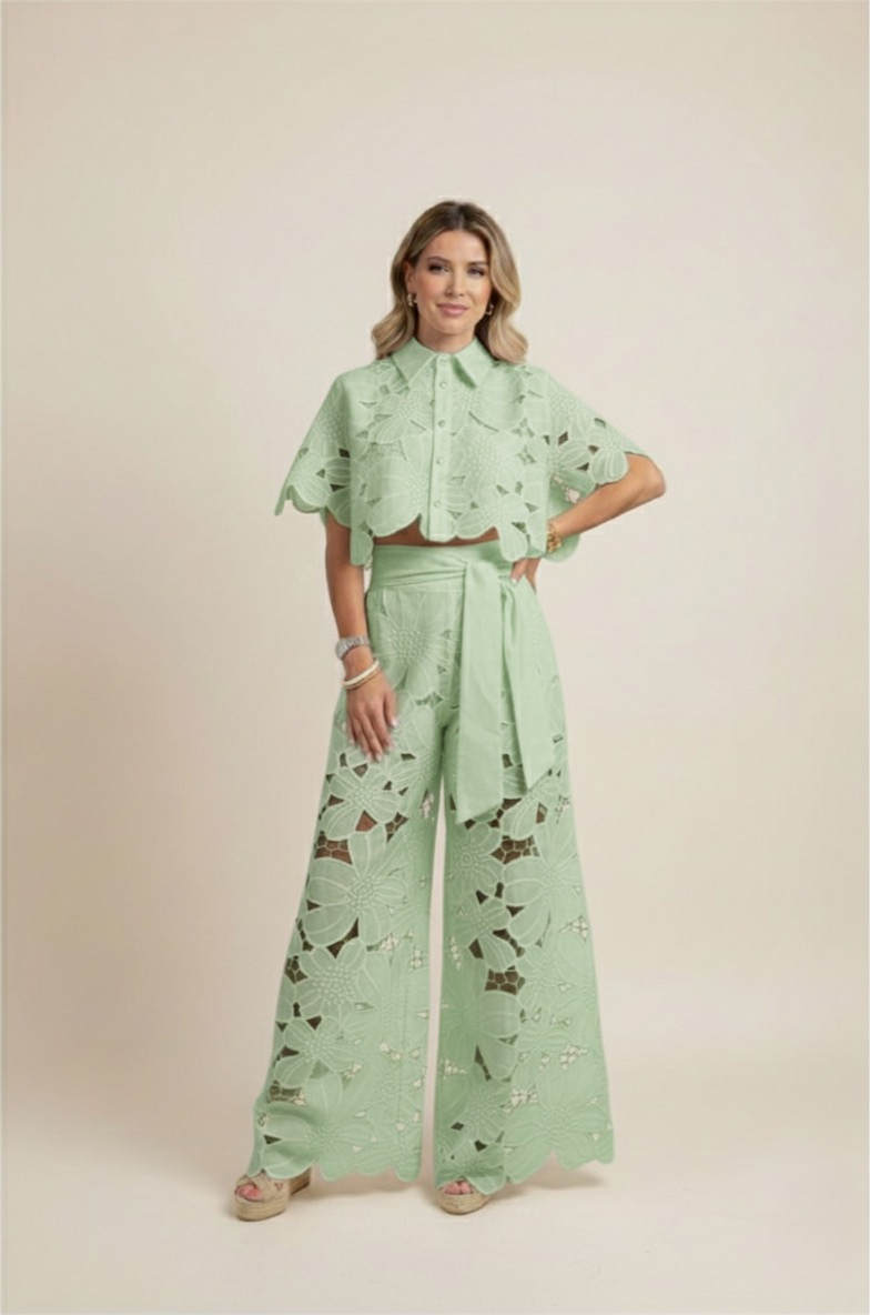 Floral Lace Two-Piece Set: Cropped Shirt & Wide Leg Pants - Women's Matching Outfit