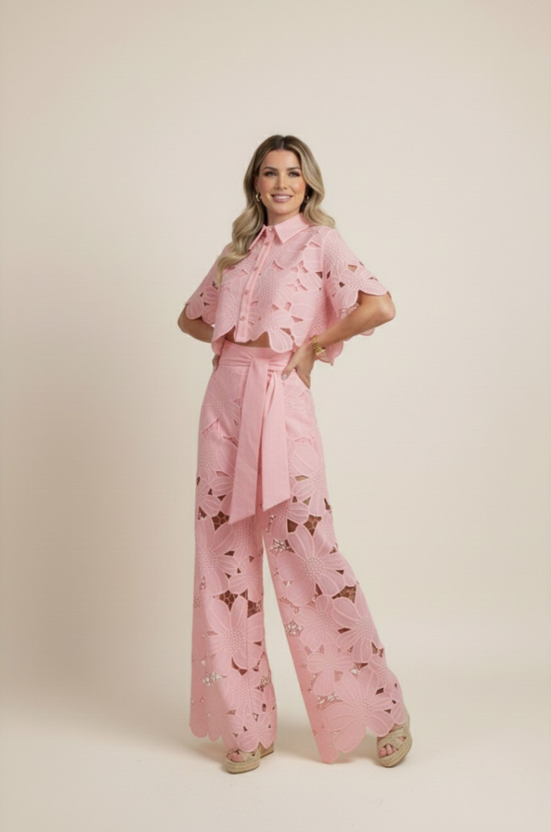 Floral Lace Two-Piece Set: Cropped Shirt & Wide Leg Pants - Women's Matching Outfit
