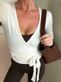 Wrap Front Long Sleeve Top - Women's Tie Waist Crop Top - Casual Cover Up Cardigan