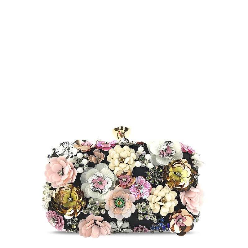Floral Beaded Clutch Evening Bag - Women's Formal Party Handbag with Chain Strap - Beige
