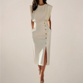 Button Slit Midi Dress with Shoulder Pads - Elegant Fitted Dress for Women
