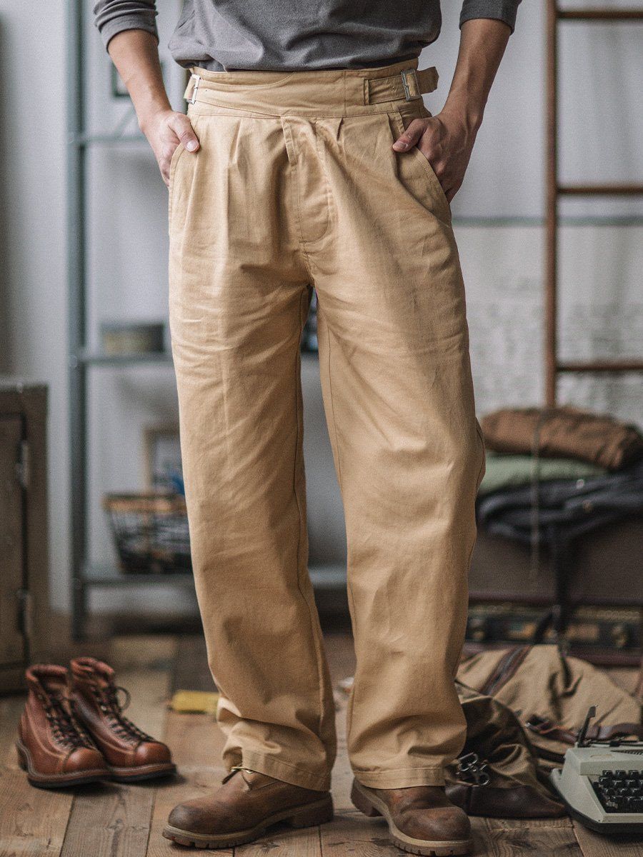 Vintage Style Men's Work Pants Cotton Canvas Pleated High Waist Buckle Closure - Khaki / Green