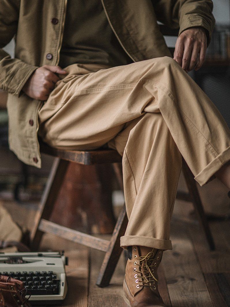 Vintage Style Men's Work Pants Cotton Canvas Pleated High Waist Buckle Closure - Khaki / Green