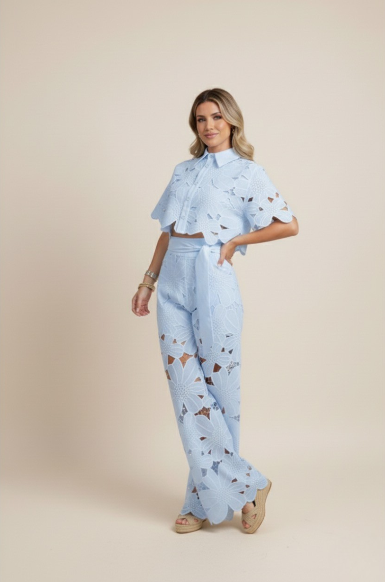 Floral Lace Two-Piece Set: Cropped Shirt & Wide Leg Pants - Women's Matching Outfit
