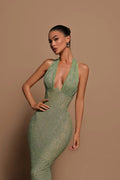Sequin Halter Maxi Dress - Evening Gown - Green Formal Dress